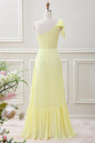 Yellow A Line One Shoulder Maxi Dress with Slit