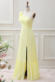 Yellow A Line One Shoulder Maxi Dress with Slit