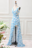 White Blue Flower A Line Ruffled High-Low Maxi Dress