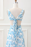 White Blue Flower A Line Ruffled High-Low Maxi Dress