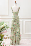 A Line Green Large Flower Mermaid Square Neck Corset Wedding Guest Dress