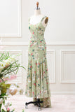 A Line Green Large Flower Mermaid Square Neck Corset Wedding Guest Dress