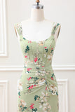 A Line Green Large Flower Mermaid Square Neck Corset Wedding Guest Dress