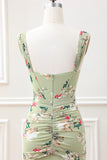 A Line Green Large Flower Mermaid Square Neck Corset Wedding Guest Dress