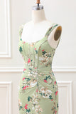 A Line Green Large Flower Mermaid Square Neck Corset Wedding Guest Dress