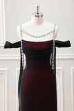 Black Red Sheath Cowl Neck Maxi Dress with Rhinestones