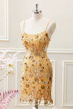 Glitter Yellow Sequined Embroidery Tight Mini Dress with Beading