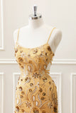 Glitter Yellow Sequined Embroidery Tight Mini Dress with Beading