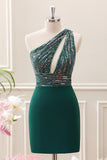 Dark Green One Shoulder Sequined Bodycon Mini Dress