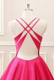 Fuchsia A Line Spaghetti Straps Backless Cute Mini Dress