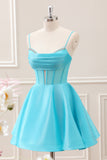 Cute Glitter Blue A Line Spaghetti Straps Corset Mini Dress with Beading