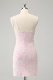 Glitter Pink One Shoulder Tight Mini Dress with Sequins