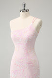 Glitter Pink One Shoulder Tight Mini Dress with Sequins