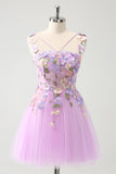 Purple A Line Flowers Tulle Mini Dress