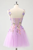 Purple A Line Flowers Tulle Mini Dress