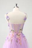 Purple A Line Flowers Tulle Mini Dress