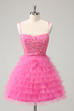 Glitter Pink A Line Spaghetti Straps Tiered Flowers Tulle Cute Mini Dress