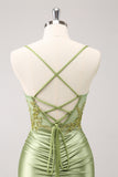 Sparkly Army Green Lace-Up Back Appliques Pleated Mini Dress