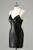 Stylish Glitter Black Sequins Tight Halter Mini Dress with Lace Up Back