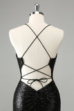 Stylish Glitter Black Sequins Tight Halter Mini Dress with Lace Up Back