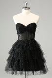 Sparkly A Line Black Sweetheart Tiered Corset Cute Mini Dress