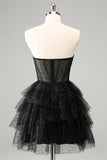 Sparkly A Line Black Sweetheart Tiered Corset Cute Mini Dress