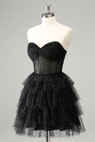 Sparkly A Line Black Sweetheart Tiered Corset Cute Mini Dress