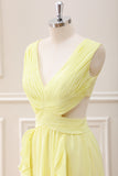 Lemon Yellow V Neck Cut Out Chiffon Maxi Dress with Ruffles