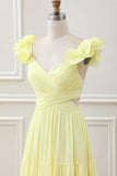 Simple Lemon Yellow A Line Pleated Ruffled Wedding Guest Dress