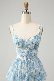 White Blue Corset Tiered Floral Tea Length Dress