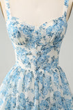 White Blue Corset Tiered Floral Tea Length Dress