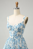 White Blue Corset Tiered Floral Tea Length Dress