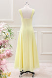 Lemon Yellow Keyhole A Line Tea Length Dress