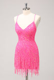 Sparkly Hot Pink Tight Sequins V Neck Mini Dress with Fringes