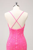 Sparkly Hot Pink Tight Sequins V Neck Mini Dress with Fringes