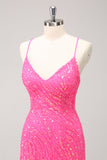 Sparkly Hot Pink Tight Sequins V Neck Mini Dress with Fringes