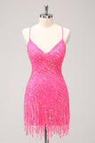 Sparkly Hot Pink Tight Sequins V Neck Mini Dress with Fringes