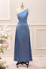 Blue One Shoulder Satin Ruched Tea Length Dress