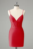 Fuchsia Bodycon Spaghetti Straps Satin Mini Dress