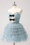 Blue A Line Tiered Dotted Strapless Mini Dress with Bows