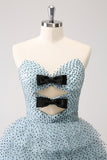 Blue A Line Tiered Dotted Strapless Mini Dress with Bows