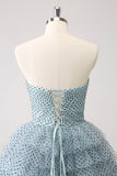 Blue A Line Tiered Dotted Strapless Mini Dress with Bows