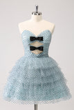 Blue A Line Tiered Dotted Strapless Mini Dress with Bows