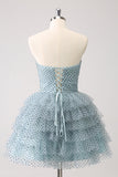 Blue A Line Tiered Dotted Strapless Mini Dress with Bows