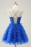 Blue A Line Spaghetti Straps Tulle Cute Mini Dress with Ruffles