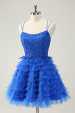 Blue A Line Spaghetti Straps Tulle Cute Mini Dress with Ruffles