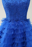 Blue A Line Spaghetti Straps Tulle Cute Mini Dress with Ruffles