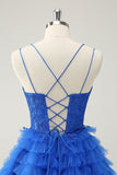 Blue A Line Spaghetti Straps Tulle Cute Mini Dress with Ruffles