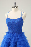 Blue A Line Spaghetti Straps Tulle Cute Mini Dress with Ruffles