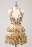 Sparkly Gold A Line Halter Tiered Sequined Backless Mini Dress